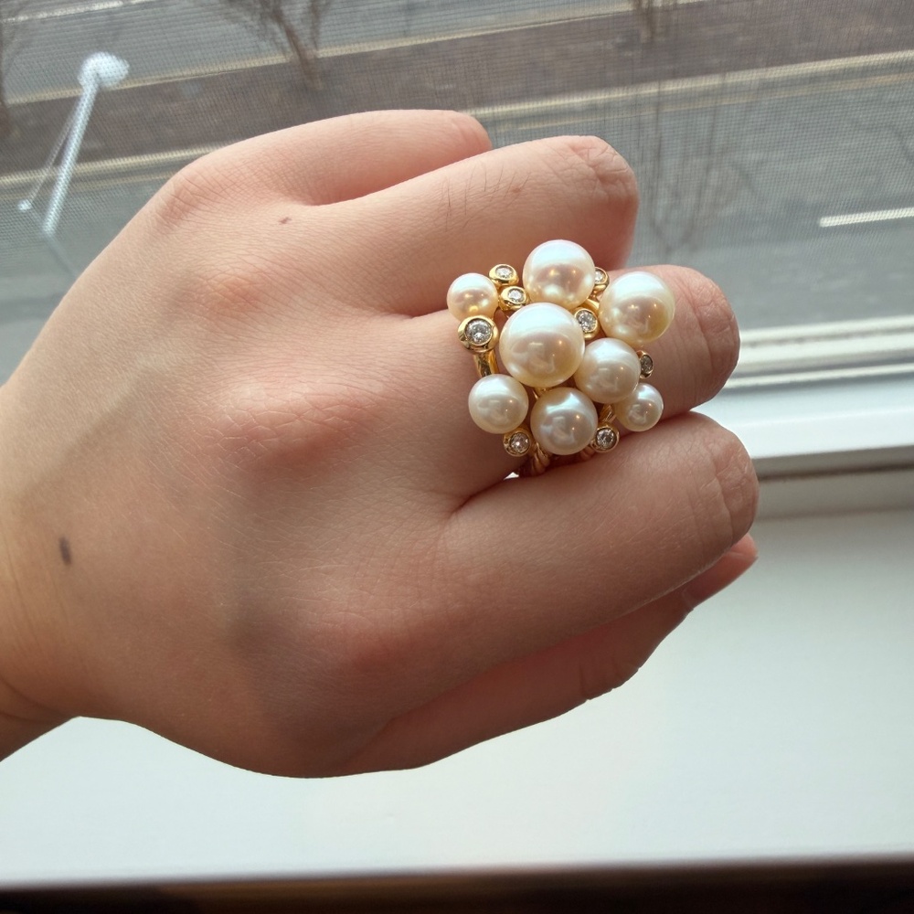 David Yurman Large Pearl Cluster Ring 18K Yellow Gold Diamonds Size 6.5 - Picture 6 of 6